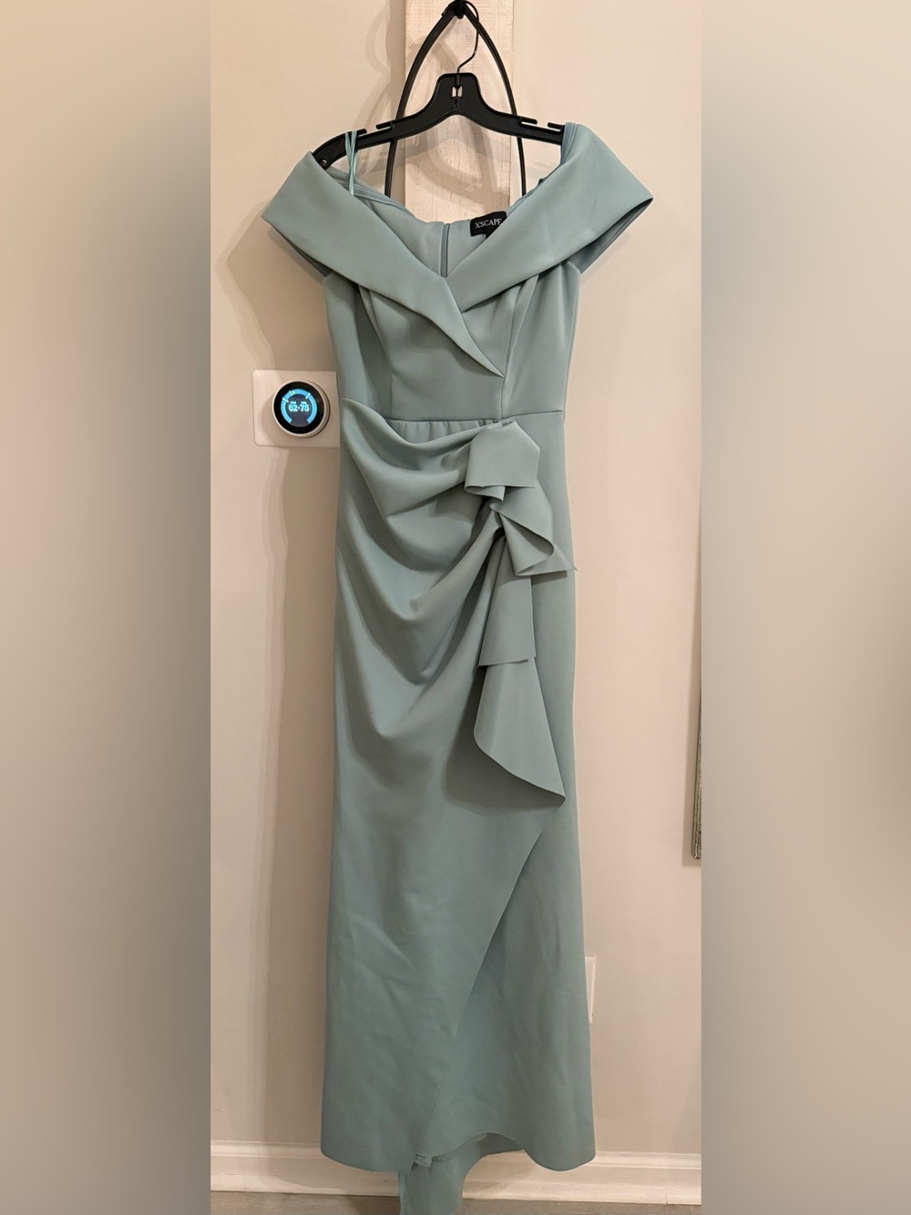 Xscape Sage Green One-Shoulder Draped Evening Gown